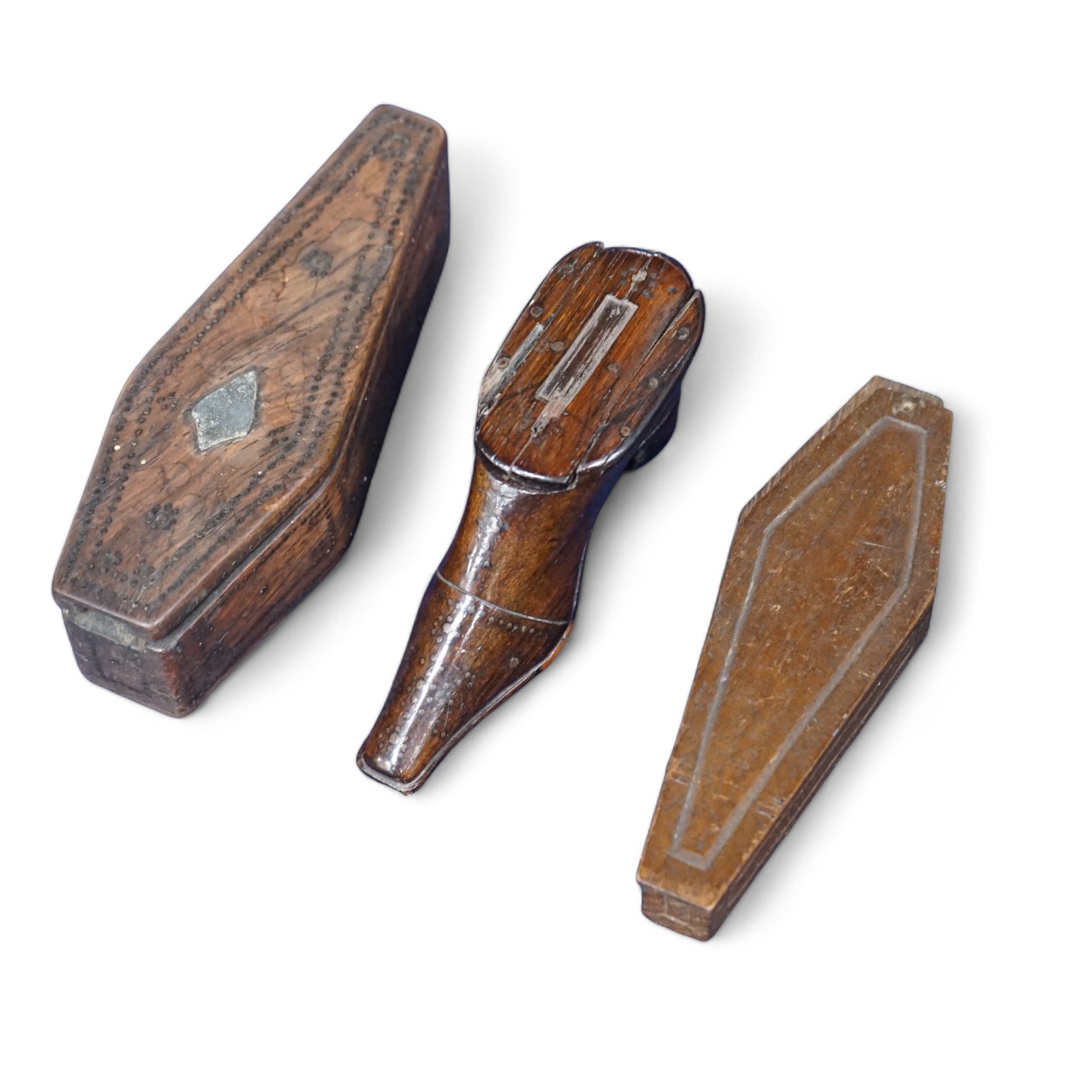 Three 19th century treen snuff boxes, two coffins and a shoe. Condition - fair to good